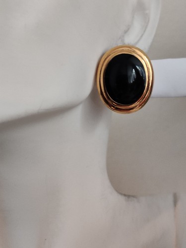 Nina Ricci Paris Black Onyx Cabochon Earrings Yellow Gold Plated Vintage 80s - Picture 3 of 11
