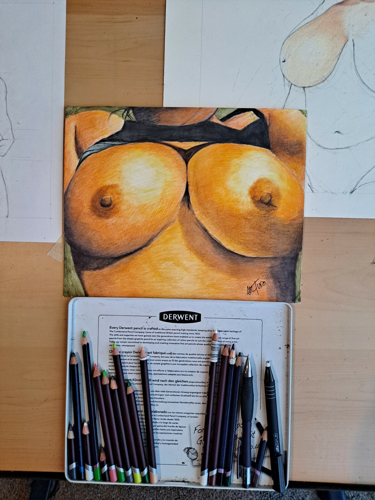 Dessin original à l'encre 8 x 10 pouces ou femme nue réalisé par l'artiste ARTuro - Photo 2 sur 2