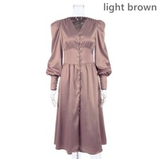 Damen Satin Langarm Kleid V-Ausschnitt Knopf Laternenärmel Vintage Party