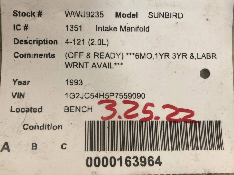 Used Engine Intake Manifold fits: 1993 Pontiac Sunbird 4-121 2.0 Grade A Foto 4 de 4