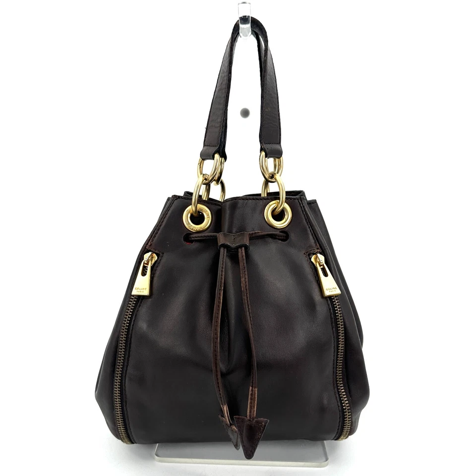 Celine Tote Bag Mini Drawstring Leather Hand Gold ZIP Authentic - Image 2 of 4