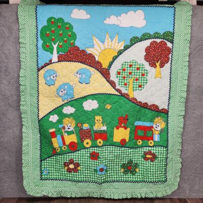Vintage Thats Our Baby Train Green Gingham Multicolor Ruffle Crib Blanket Quilt