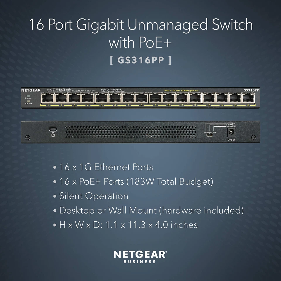 NETGEAR GS316PP 16 Port Gigabit Ethernet Unmanaged PoE Switch 183W Power Budget - Image 2 of 4
