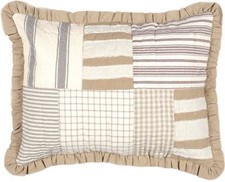 Hand Quilted Ruffled Pillow Sham Standard Country Patchwork Gray Tan Cream Grace