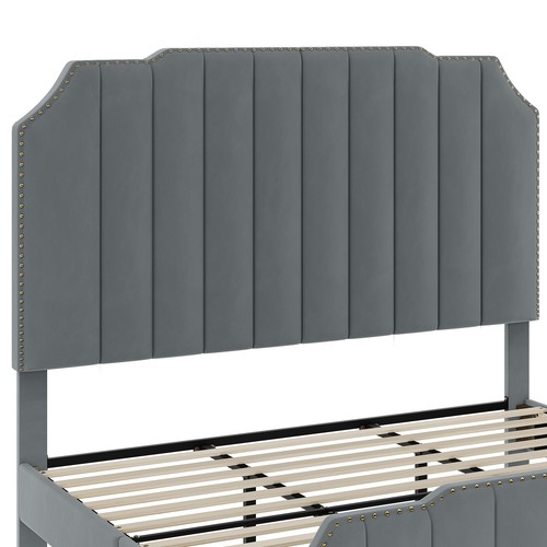 King Size Bed Frame Upholstered Gray Velvet Headboard Platform Strong Support - Picture 10 of 11