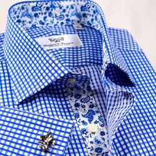 Blue Check Formal Business Dress Shirt Paisley Floral Inner Lining French Cuffs
