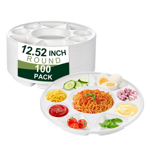 9 White Compartment Round Biodegradable 12.5" Divided Plates Plastic Plates - Picture 4 of 12