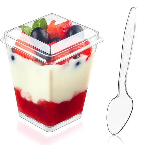 50 Pack 5 Oz Clear Plastic Dessert Cups with Lids and Spoons for Party Serving