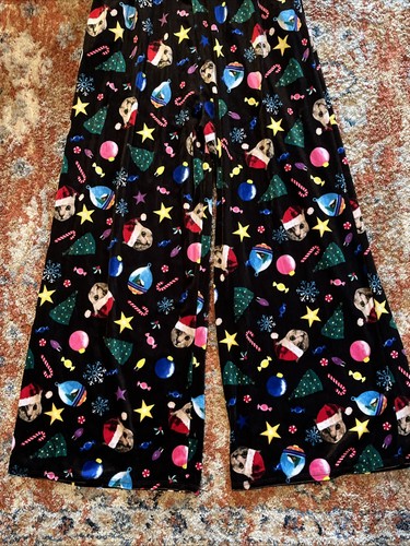 Love On A Hanger Women's M Black Christmas Kitty Cat Velour Overalls Wide Leg - Picture 17 of 19