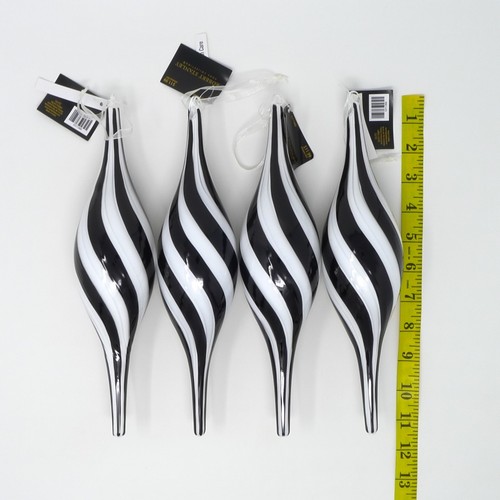 Robert Stanley "GLITZ" Twist Negro Blanco Rayas Vidrio Soplado Adorno 2018 4 piezas - Imagen 4 de 6