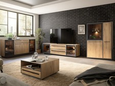 Wohnwand NARDO in Wildeiche Verschiedene Board-Sets Braunglas Softclose mit LED