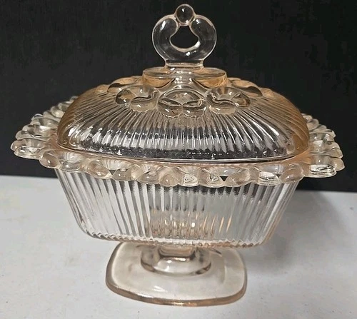 Vintage Indiana Pink Depression Glass Ribbed Lid Compote Candy Dish Lace Edge
