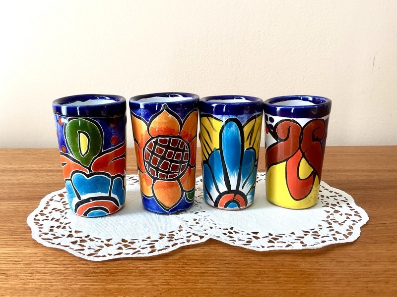 Set of 4 Handmade Mexican Talavera Pottery Shot Glasses - 2oz - Tequila