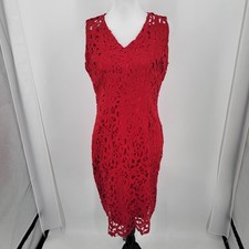 Tahari Dress Womens 8 Red Floral Lace Overlay V Neck Back Zipper Midi Cocktail