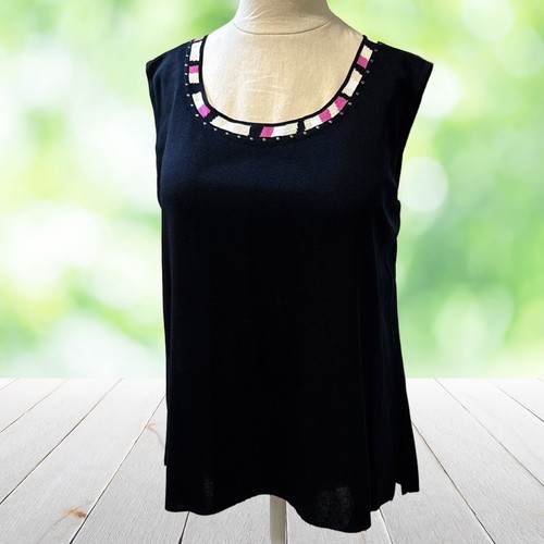 MING WANG Knit Top 2X Black Pink Sleeveless Shell Contrast Trim Career Travel