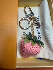 Pink Strawberry Enamel Keychain with Logo Cha...