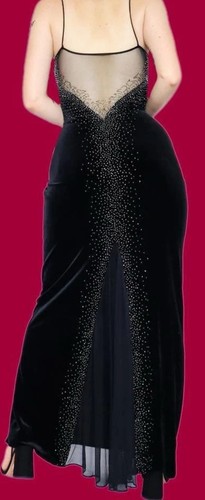 VTG 90’s Dave & Johnny Black Velvet Beaded Meshed Spaghetti Straps Dress 5/6 - Picture 6 of 23