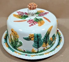 Antique Majolica Fern Cheese Dome & Platter Marked Italy