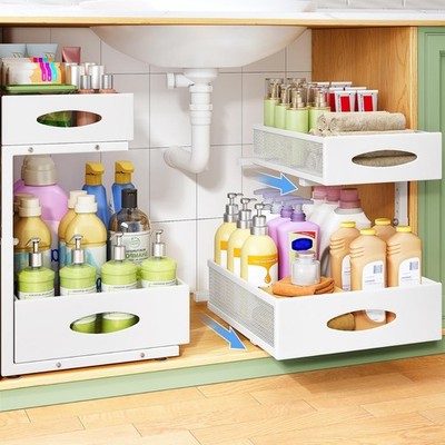 2 Ebenen Unter Waschbecken Aufbewahrung Organizer, Metall Ausziehbar Schrank Regal mit Schubladen,