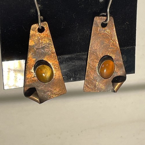 Vintage Style Copper And Citrine StonesEarrings With Solid Silver Lobe Hooks