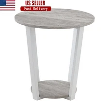 Contemporary Round End Table with Storage Shelf Durable Wood Grain Design Gray