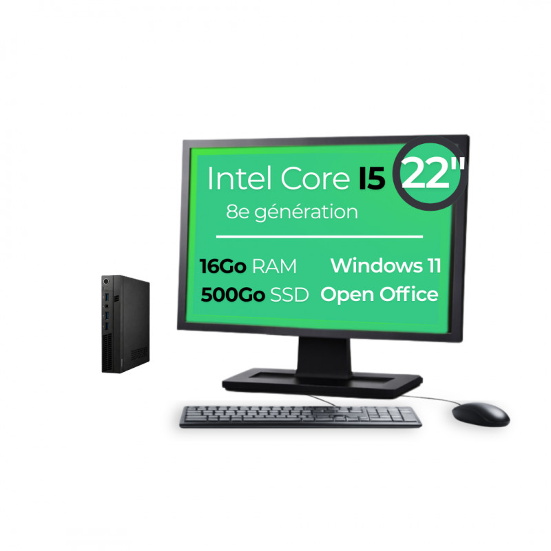 Mini PC I5-8500T 16Go 500Go SSD W11 Pro Wifi Écran 22" OpenOffice