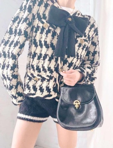 Vtg Hand Knit Bow Houndstooth Cardigan Black Cream Wool Jacket Cottagecore
