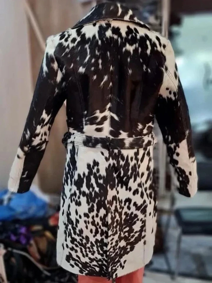 New Genuine Cowhide Leather Thigh Long Coat Natural Hair-On Cow Skin Jacket Coat - Image 3 of 4