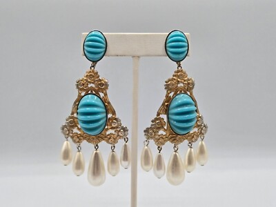 Unsigned Miriam Haskell Filigree Faux Pearl & Turquoise Chandelier Earrings