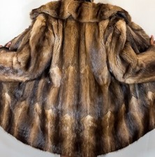 Real Fur Brown Muskrat Bisam Vintage Oversized Lux Mid Long Coat Jacket Fr243
