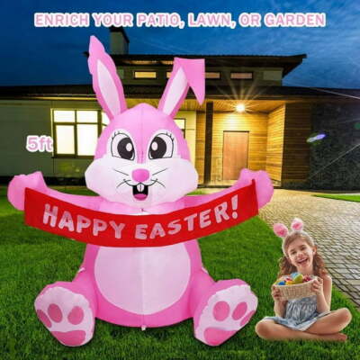 5FT Inflatable Bunny Blow Up Rabbit Holding Happy Easter Flag Built-in LED Light