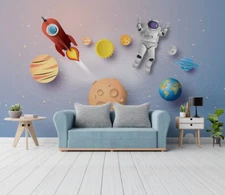 3D Space Rocket Planet Astronaut Self-adhesive Removable Wallpaper Murals Wall