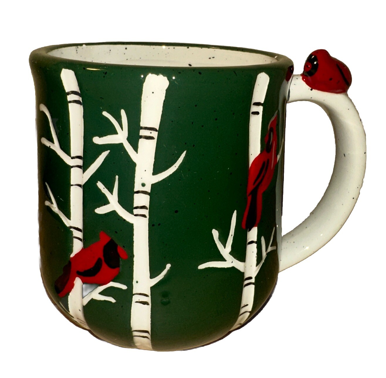 Winter Birch Tree Cardinal Coffee Mug Green Large 19oz Christmas Embossed Bird