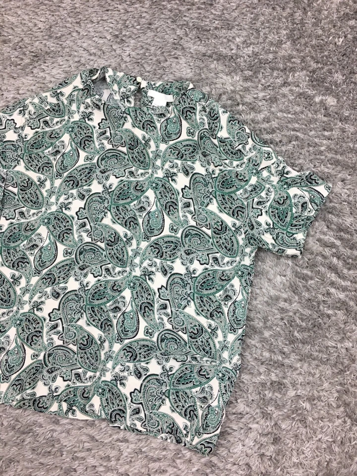 Blusa H&M Top Mujer Talla 4 Verde Blanco Manga Corta Top Paisley Foto 2 de 4