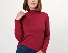 NWT Isaac Mizrahi Live! - Essentials Pima Cotton Mock Neck Top - Merlot