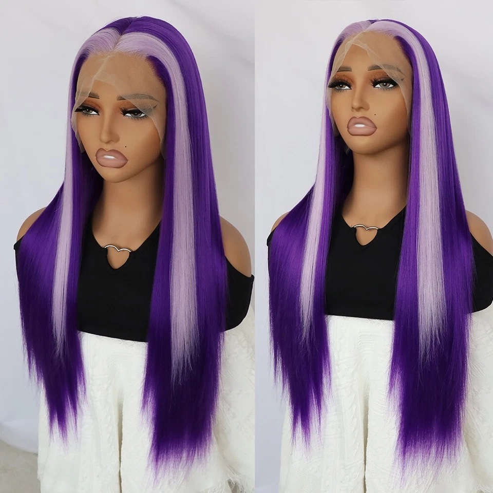 Pelucas delanteras largas rectas de encaje sintético cabello púrpura resistente al calor mujeres fiesta Foto 4 de 4