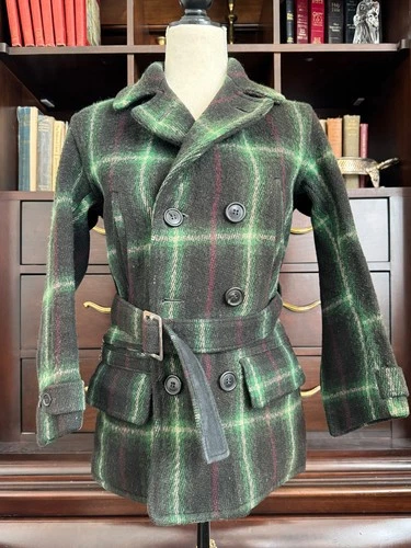 1930s Men's Green Plaid Workwear Belted Wool Jacket Coat 34R Chain Zipper - product listing photo