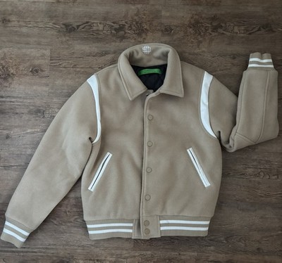 Garment Workshop Varsity Jacket Dune Sand Color Vegan Leather Trim Sz Med