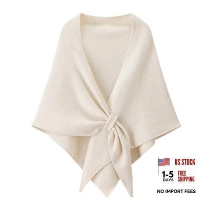 Women Elegant Knit Triangle Shawls Wraps Trendy Solid Color Tie Up Beige