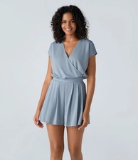 Halara V Neck Short Sleeve Pocket Waffle Casual Romper Blue Medium NEW