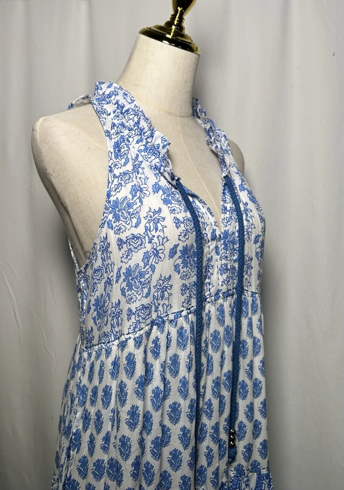 Maxi Vestido Calypso St. Barth Pequeño Sin Mangas Algodón Bolsillos En Niveles Azul Blanco Foto 2 de 4