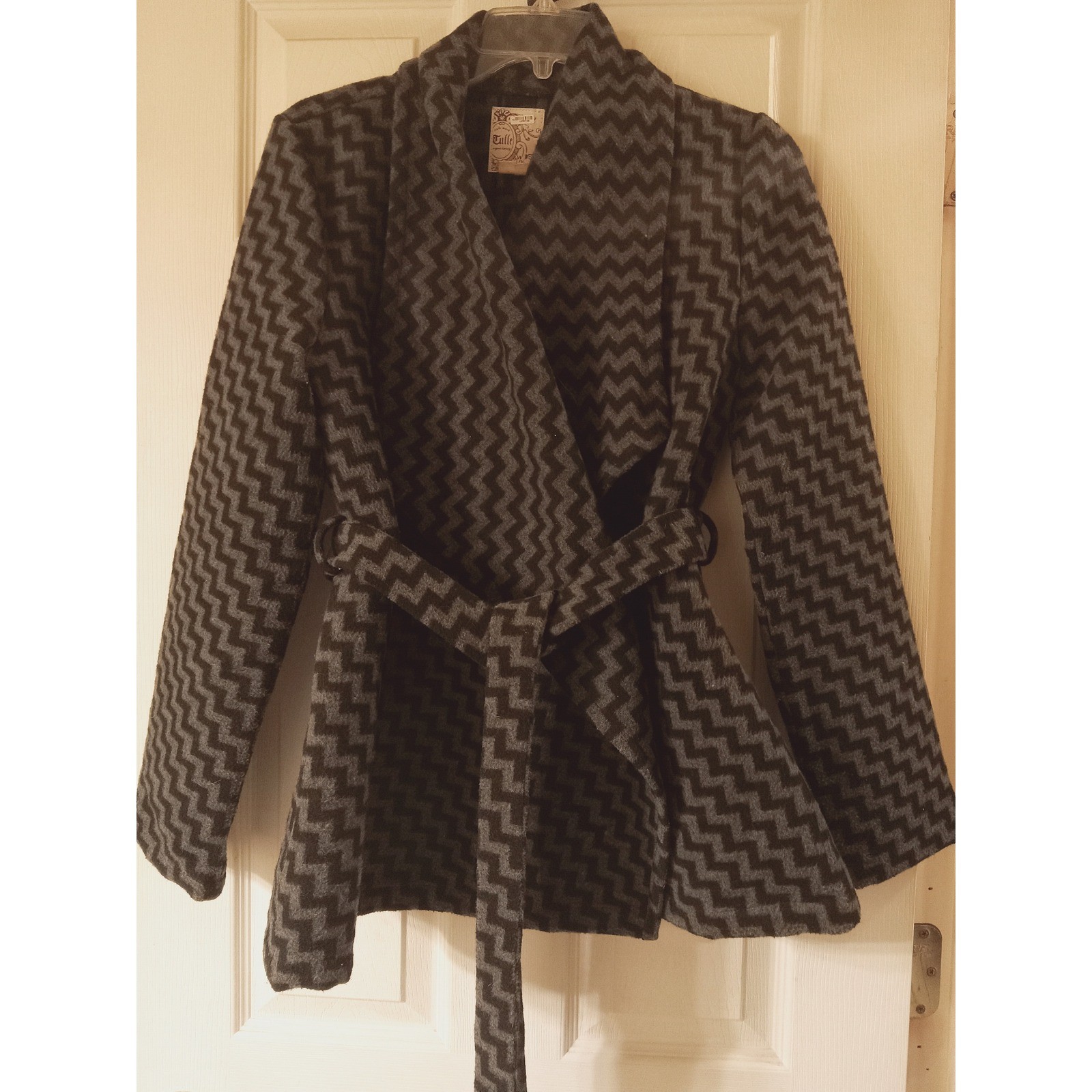 Tulle Chevron Zigzag Pattern Belted Cardigan Jack… - image 1