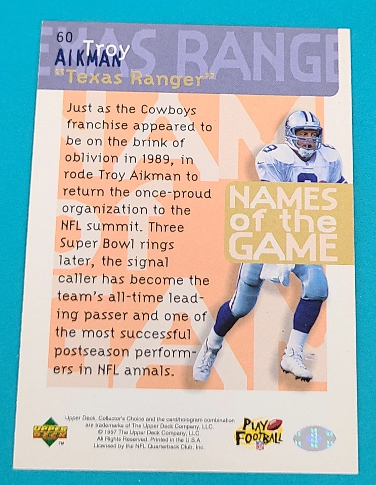 1997 Collector's Choice #60 Troy Aikman Dallas Cowboys FOOTBALL Card Q6 - Image 2 of 2