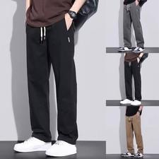 Mens Wide Leg Straight Cargo Trousers Casual Loose Fit Drawstring Waist