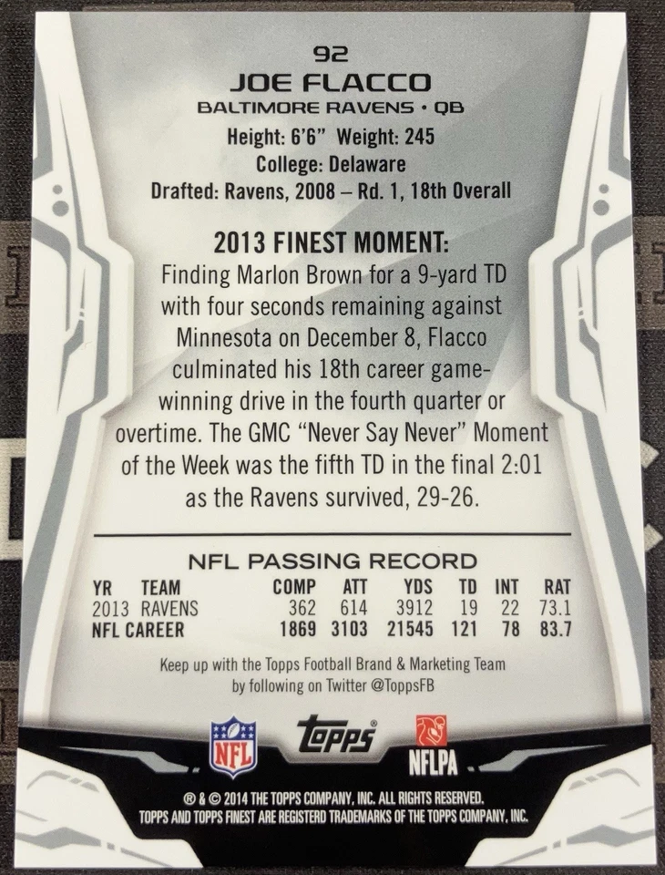 2014 Topps Finest Joe Flacco Gold Refractor /75 - Image 2 of 2