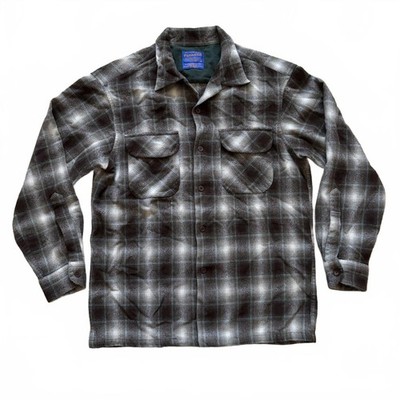 Pendleton Board Shirt Plaid Virgin Wool Loop Collar Brown Men's Size Medium