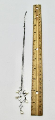 PEARL & RHINESTONE STERLING SILVER DANGLE NECKLACE 16-18 INCH - Picture 5 of 5