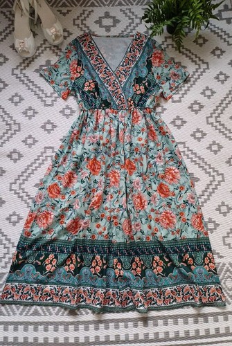Gorgeous Green Mix Vintage Boho Style Summer Midi Dress 👗S M 10 12 Holiday ⛱️