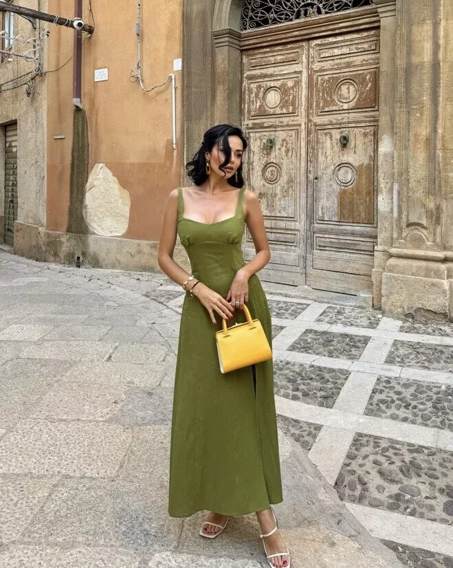 ZARA NEW WOMAN SS24 LINEN BLEND MIDI DRESS OIL SIZE M REF