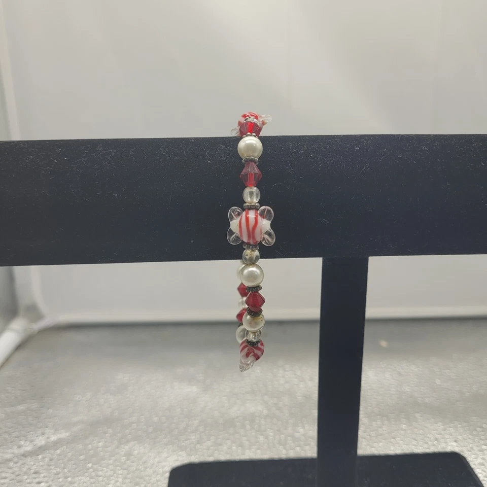 Candy Maker's Witness Christmas Red White Glass Beads Bracelet W/ Magentic Clasp Foto 4 de 4